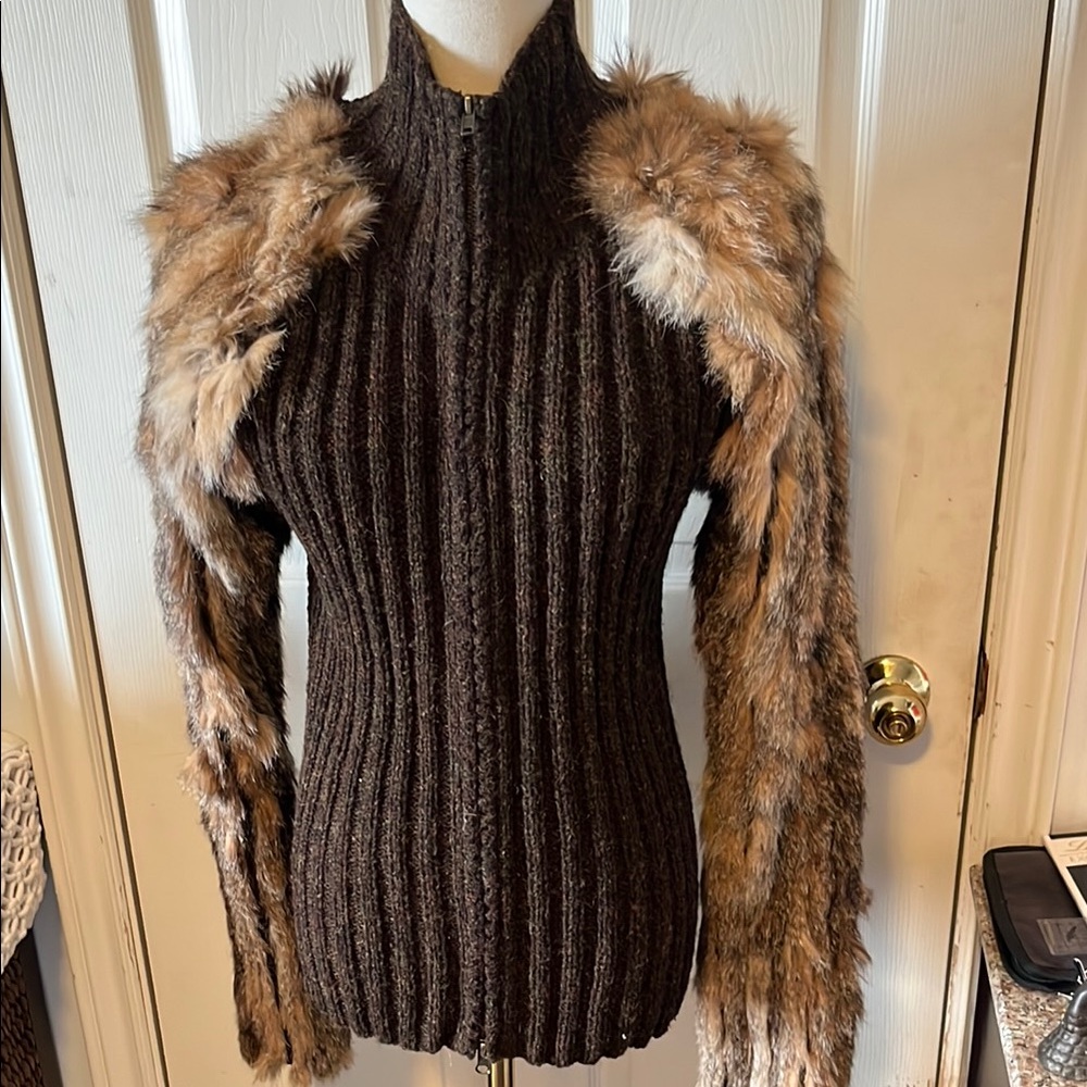 Brown Ribbed Sweater with Faux Fur Accents custom made lined sleeves under fur.